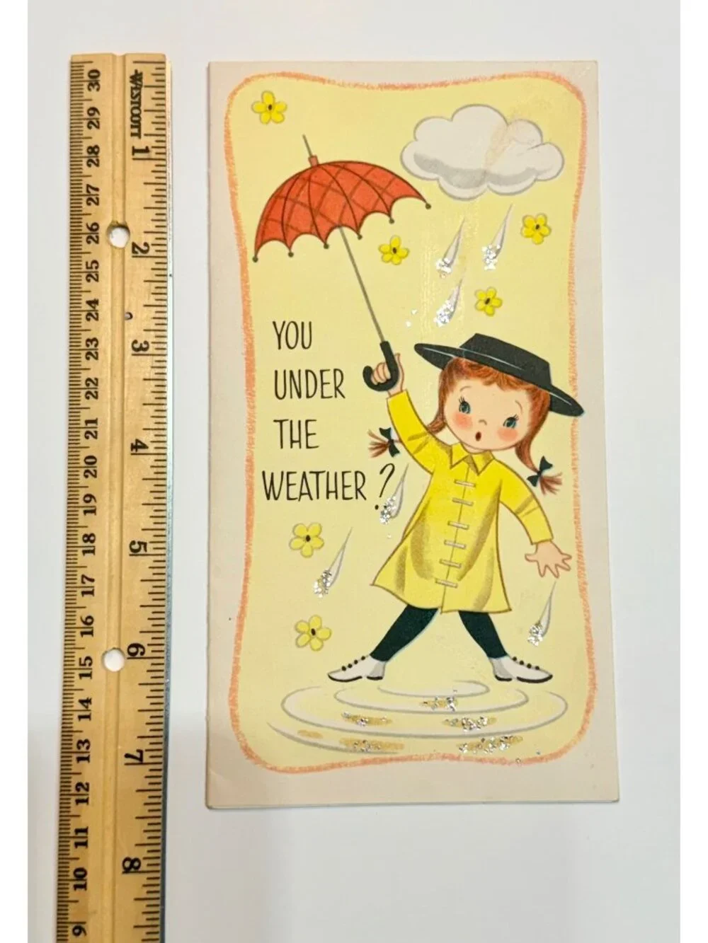 Vintage Get Well Soon Greeting Card Glitter Accents Girl In Yellow Raincoat & Um